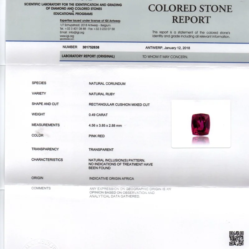 0.49 Ct IGI Certified Unheated Untreated Natural Mozambique Ruby AAAAA